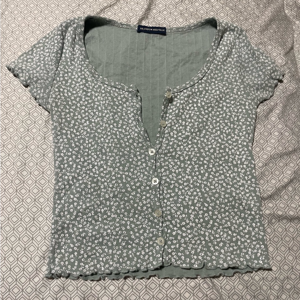 Brandy Melville Green Floral Button Down Shirt